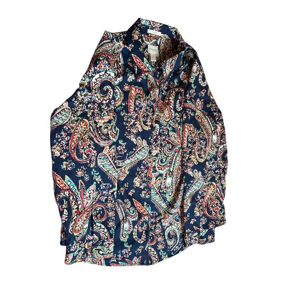 Chicos Womens Shirt Small Multicolor No-Iron Cotton Paisley Button-Up Boho Retro - Picture 6 of 11